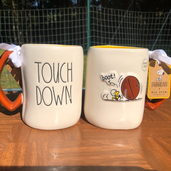 Rae Dunn New Peanuts Woodstock Football Mug "Touch Down" Yellow Interior - Picture 1 of 7